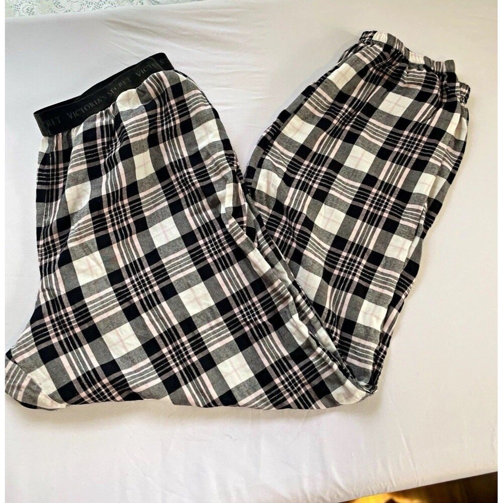 Victoria's Secret Women's Flannel Plaid Pajama Jogger Pants Black Pink L